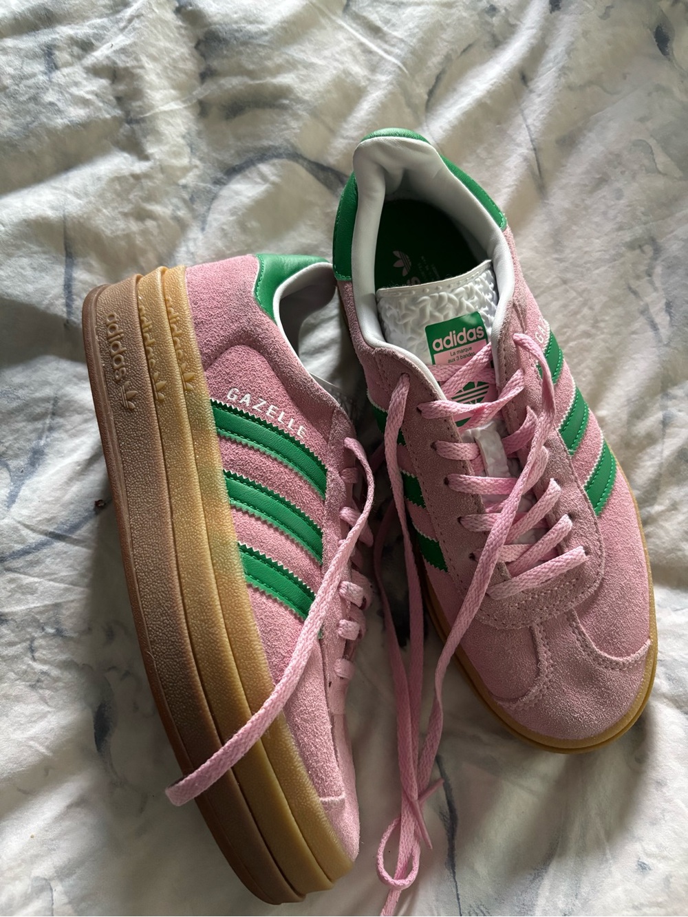 adidas Pink Suede Sneakers with Green Three-Stripes